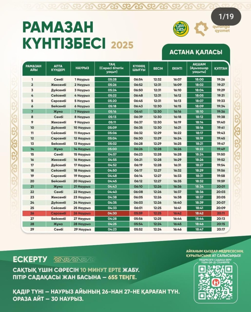 Расписание оразы в 2025 году